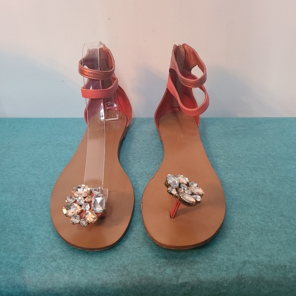 Charles Jourdan Orange/peachy Leather Flat Sandals with Jewel Accent - Picture 3 of 12